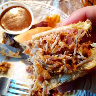 BBQ pork sandwich and their hot sauce