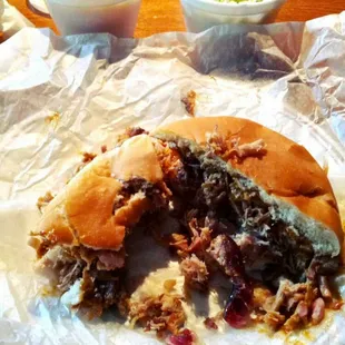 Large BBQ sandwich, mac and cheese and cole slaw