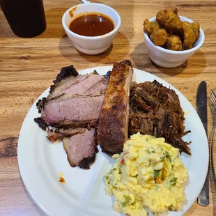 3 meat plate w/ brisket, pulled pork, St. Louis rib, potato salad, and fried okra.