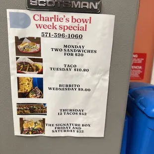 a menu on the side of a refrigerator
