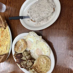 Chicken fried steak, hash browns, eggs over easy.