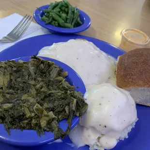 Chicken Fried Steak Special with Mashed Potatos, Mixed Greens and a side of Green Beans