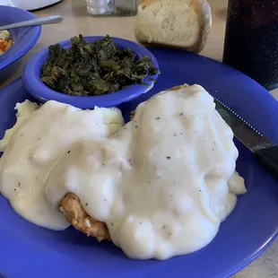 Fried Pork Tenderlion Dinner, Mashed Potatos, White Gravy and Turnip Greens