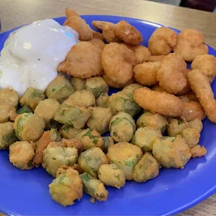 Fried Shrimp Dinner with Mashed Potatos and Fried Okra