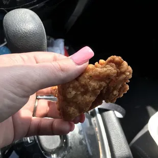 a hand holding a piece of fried chicken