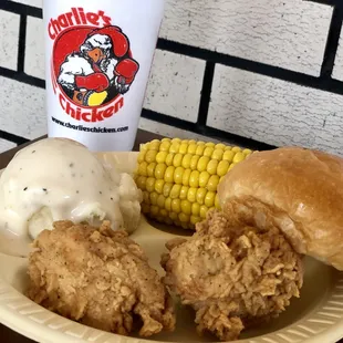 fried chicken, corn and a drink