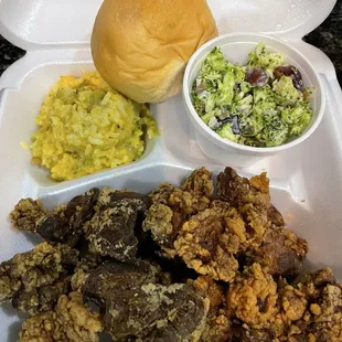 Chicken Liver Dinner with Broccoli Salad &amp; Broccoli Rice Casserole