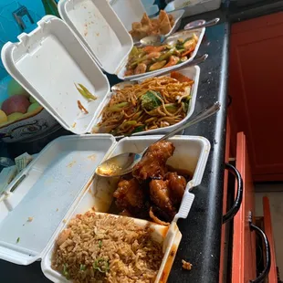 a long line of take out containers
