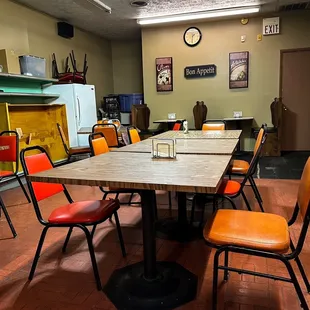 a table and chairs in a restaurant