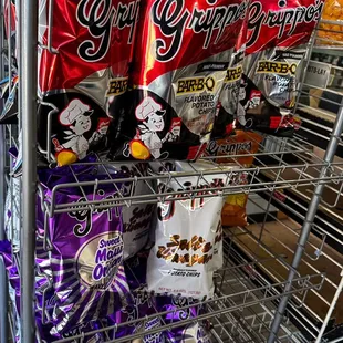 a shelf full of chips