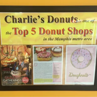 Charlie's was declared one of the Top Five Donut Shops in the Memphis area!!!!!!