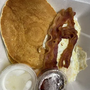 The Charlie special: Two cakes, two eggs, two bacon or sausage.