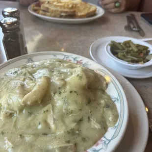 Chicken n dumplings with patty melt in background