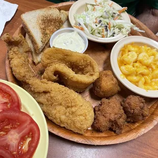 Fish fry with hush puppies, mac and coleslaw