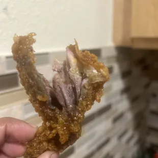 a hand holding a piece of fried chicken
