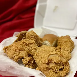 fried chicken in a styrofoam container