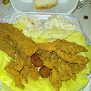 #1 5. Fish 5. M Shrimp 5 Oyster with Potato salad and macaroni salad