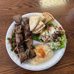 Habibi Platter - 2 beef medium rare, Tabouli, Hummus &amp; Pita, Greek Salad