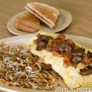 an omelet and toast