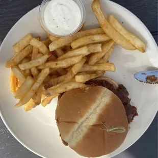 BBQ burger ($17) with fries. Sept, 2024.