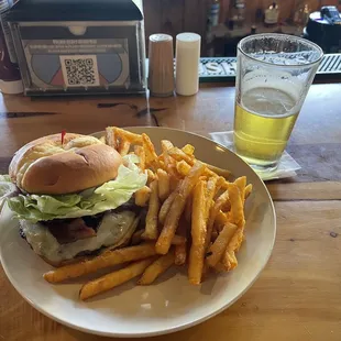 Bacon Pepper-jack Burger and a pFriem Pilsner