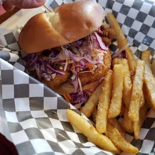 Off menu special, spicy chicken jalapeños, slaw sandie...