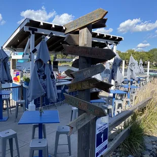 tables and umbrellas on a pier