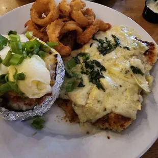 Artichoke chicken with loaded baked potato
