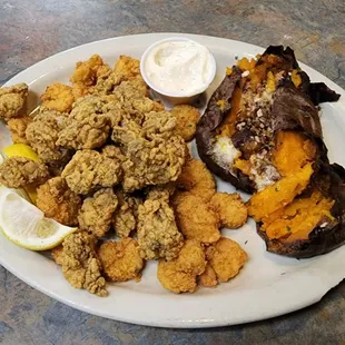Half and Half Platter with fried shrimp and fried Oysters with Sweet Potato