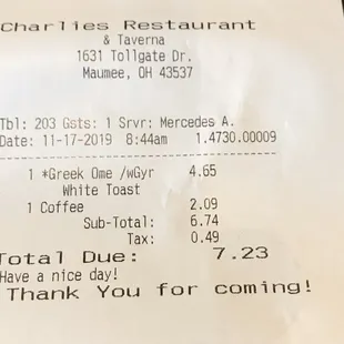 A three-egg Greek omlette with (good) gyro meat, toast, and a cup of coffee for seven and a quarter??  That's hard to beat.