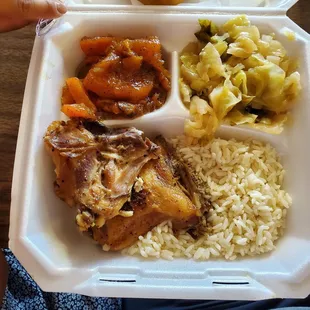 Baked Chicken with rice, candied yam and cabbage.
