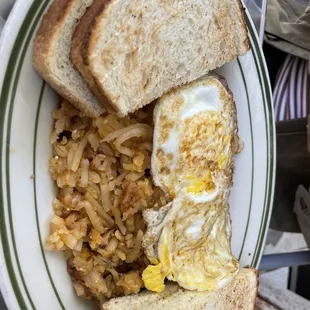 Turkey Hash with Eggs, Hashbrowns and Sourdough Bread