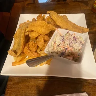 Fish and shrimp with cole slaw and fries
