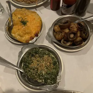 Our sides - potatoes au gratin, mushrooms, creamed spinach