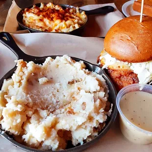 Nashville Hot Chicken sandwich w/ side of mashed potatoes and gravy