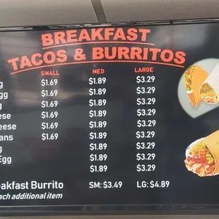 Breakfast tacos menu