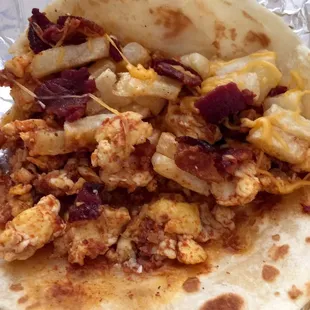 Breakfast Taco w/ bacon, potato, chorizo, egg &amp; cheese