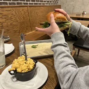 The Local Burger with a side of homemade smoked Gouda Mac and cheese