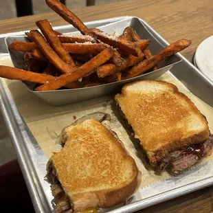 Brisket grilled cheese and sweet potato fries