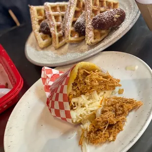 Arepas with chicken &amp; cheese  Chicken croquettes &amp; waffles  Cappuccino  Coffee