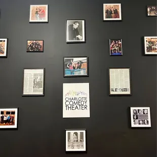 a red bench with pictures on the wall