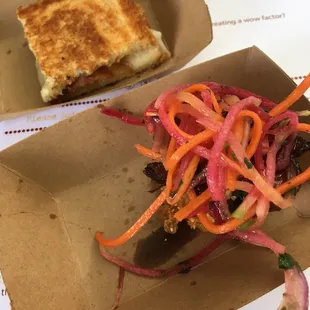 Bleu Barn bites: Brie and Bacon Grilled Cheese and Pork Belly on a Polenta Cake