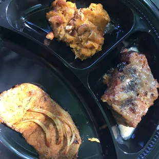 Comfort Food Pork Chops with sweet potatoes and honey bread pudding.