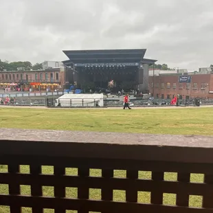 a view of the stadium from a bench