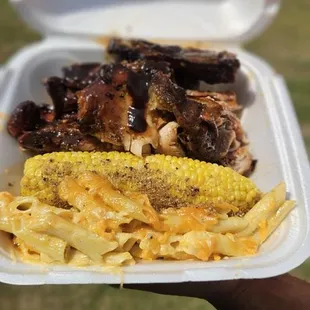 Combo #2 - 4 ribs, quarter chicken, corn on the cob, and mac &amp; cheese.