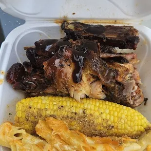 Combo #2 - 4 ribs, quarter chicken, corn on the cob, and mac &amp; cheese.
