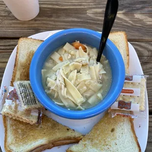 Homemade Chicken Noodle soup with grilled cheese sandwiches