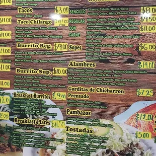 Taco burrito menu pricing Dec 2023