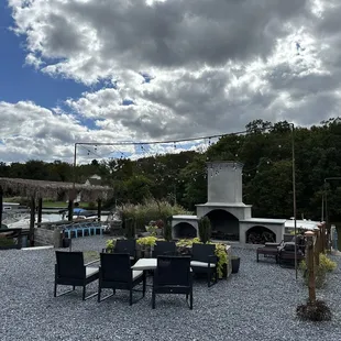 a patio with a fire place