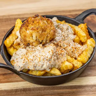 Double Down Fries - Mini Crab Cake on top Crab Dip smothered Old Bay Fries